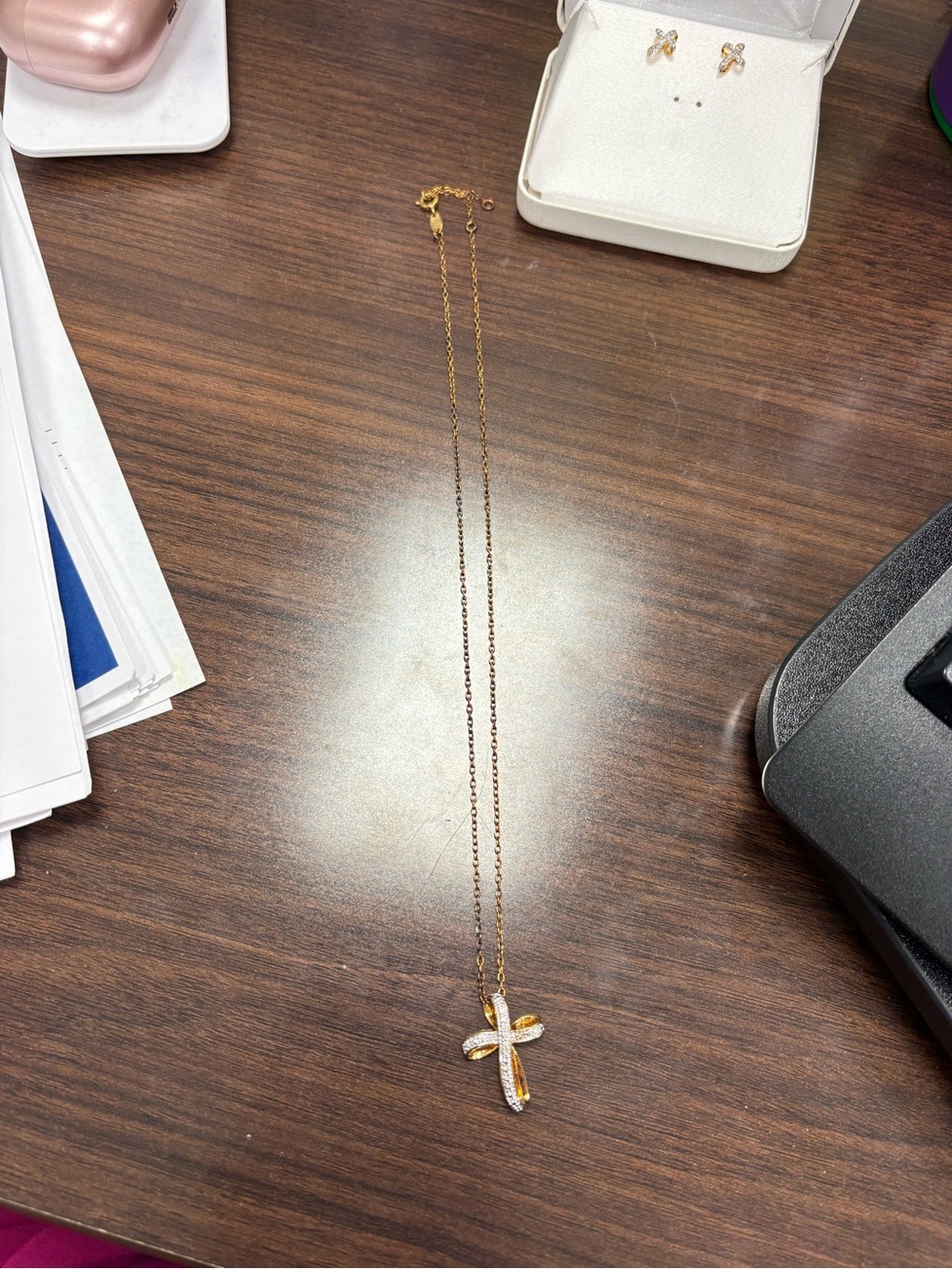 Prime Art & Jewel 18KT Gold Over Brass Cross Pendant Necklace & Earring Set - Picture 3 of 6